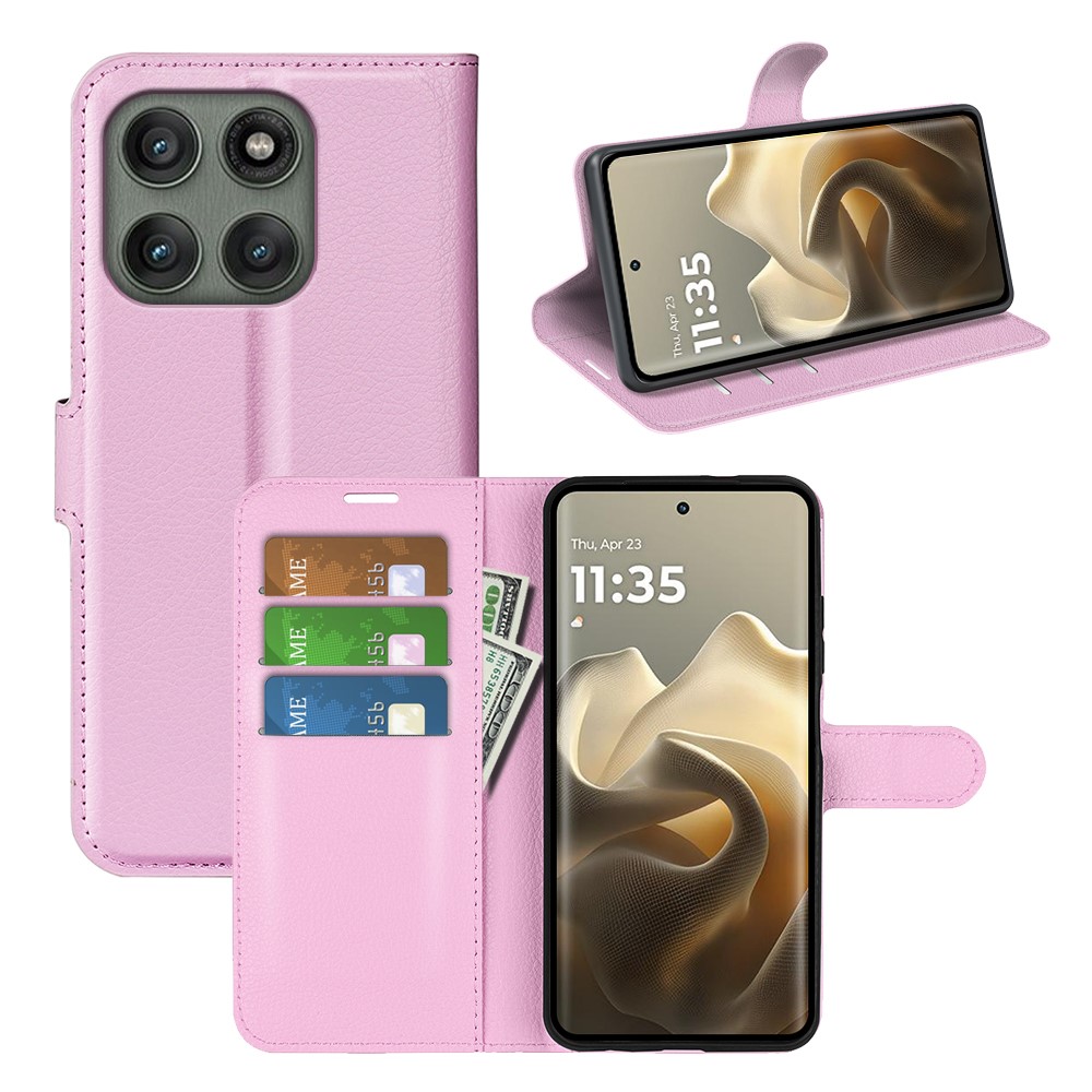  Motorola Edge 60 Pro Fodral Litchi Läder Ljus Rosa