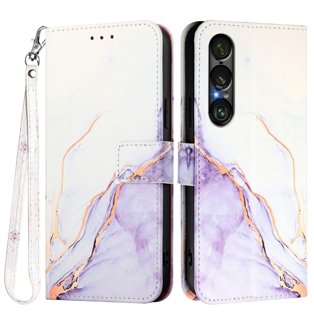  Sony Xperia 1 VII Fodral Läder Marmor Vit / Lila