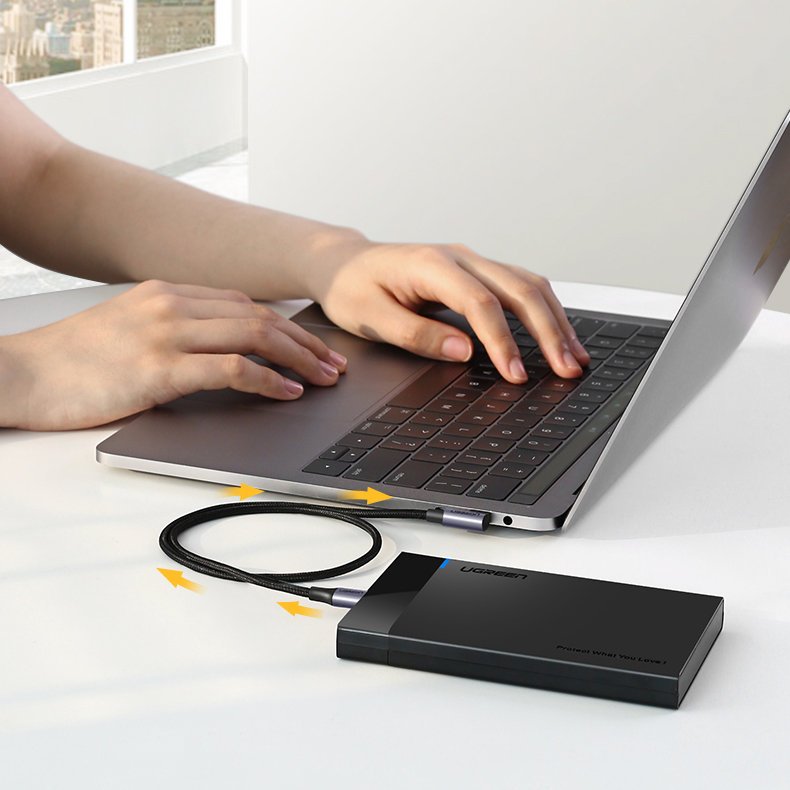 UGREEN Ugreen 1m 60W 3A Elbow USB-C - USB-C Flätad Nylon Kabel - Svart/Grå