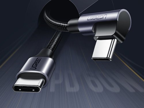 UGREEN Ugreen 2m 60W 3A Elbow USB-C - USB-C Flätad Nylon Kabel - Svart/Grå