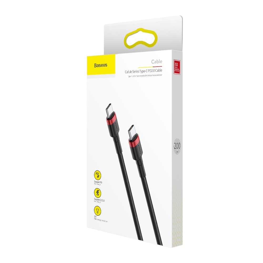 BASEUS Baseus Cafule 2m 60W PD QC USB-C - USB-C Nylon Kabel - Svart/Röd