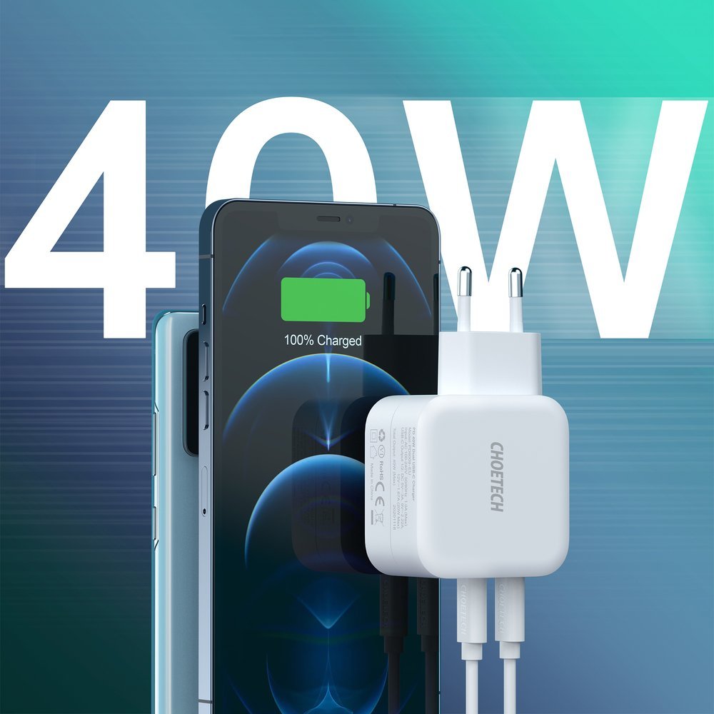 Choetech Choetech 40W 3A 2x USB-C Power Delivery Snabbladdare - Vit