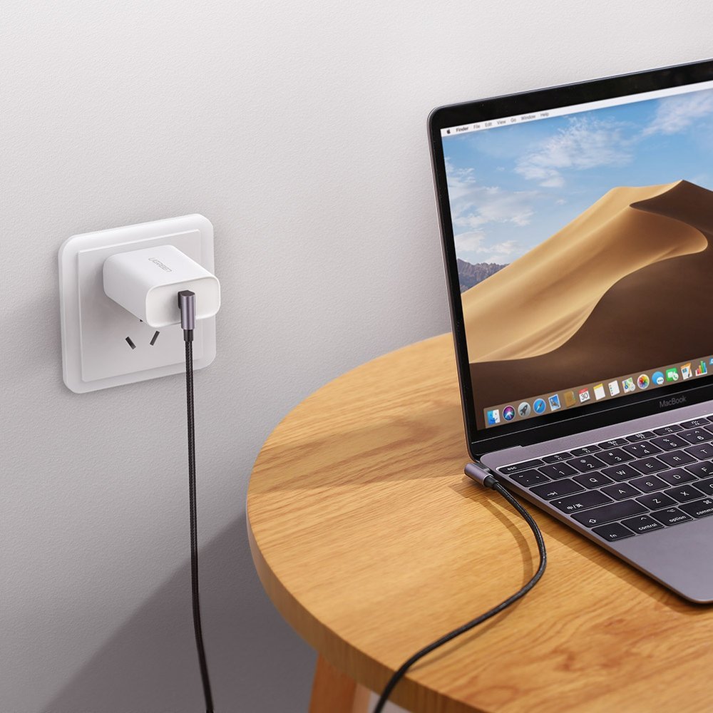 UGREEN Ugreen 1m 3A Elbow USB-C PD QC FPC Flätad Nylon Kabel Svart/Grå