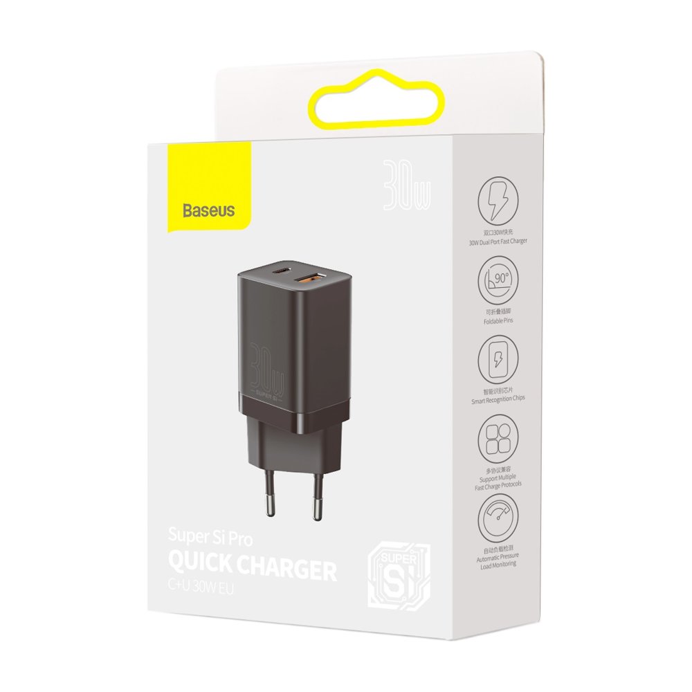 BASEUS Baseus 30W Super Pro USB-C / USB-A PD QC Väggladdare Svart