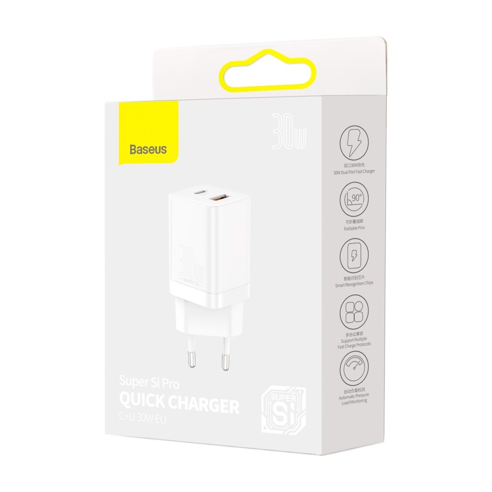 BASEUS Baseus 30W Super Pro USB-C / USB-A PD QC Väggladdare Vit
