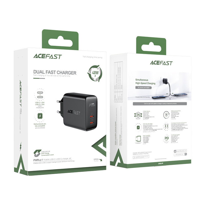 Acefast Acefast 40W PD QC PPS 2x USB-C Väggladdare Svart