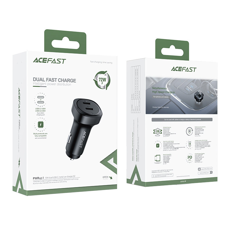 Acefast Acefast 72W PD PPS QC Billaddare 2x USB-C Svart