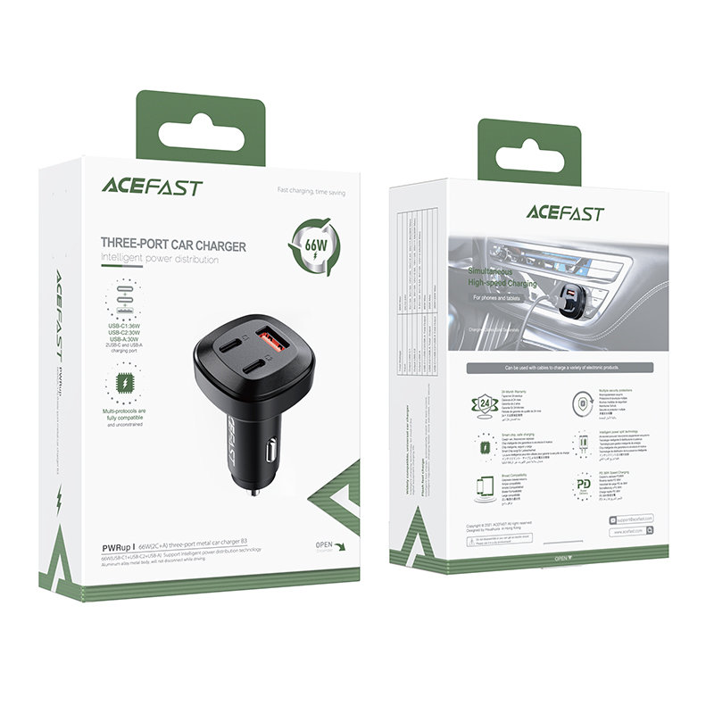 Acefast Acefast 66W PD PPS QC Billaddare 2x USB-C / USB-A Svart