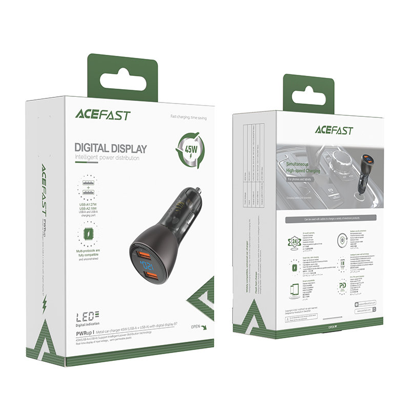 Acefast Acefast 45W Snabbladdare Billaddare 2x USB-A Svart