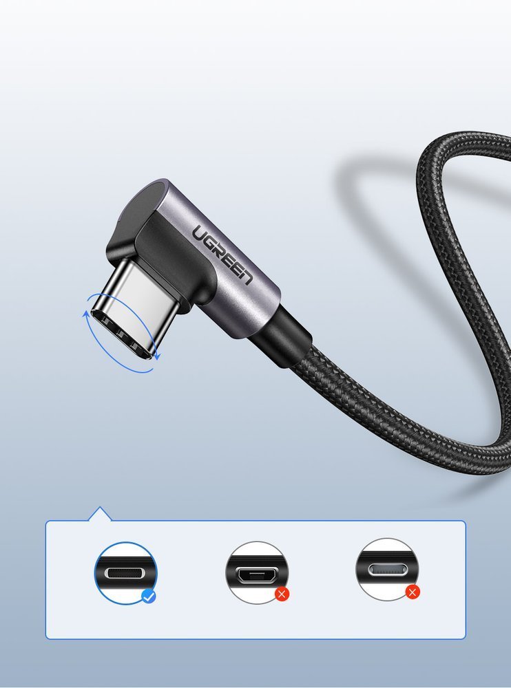 UGREEN Ugreen 2m 3A Elbow USB-C Flätad Nylonkabel - Grå