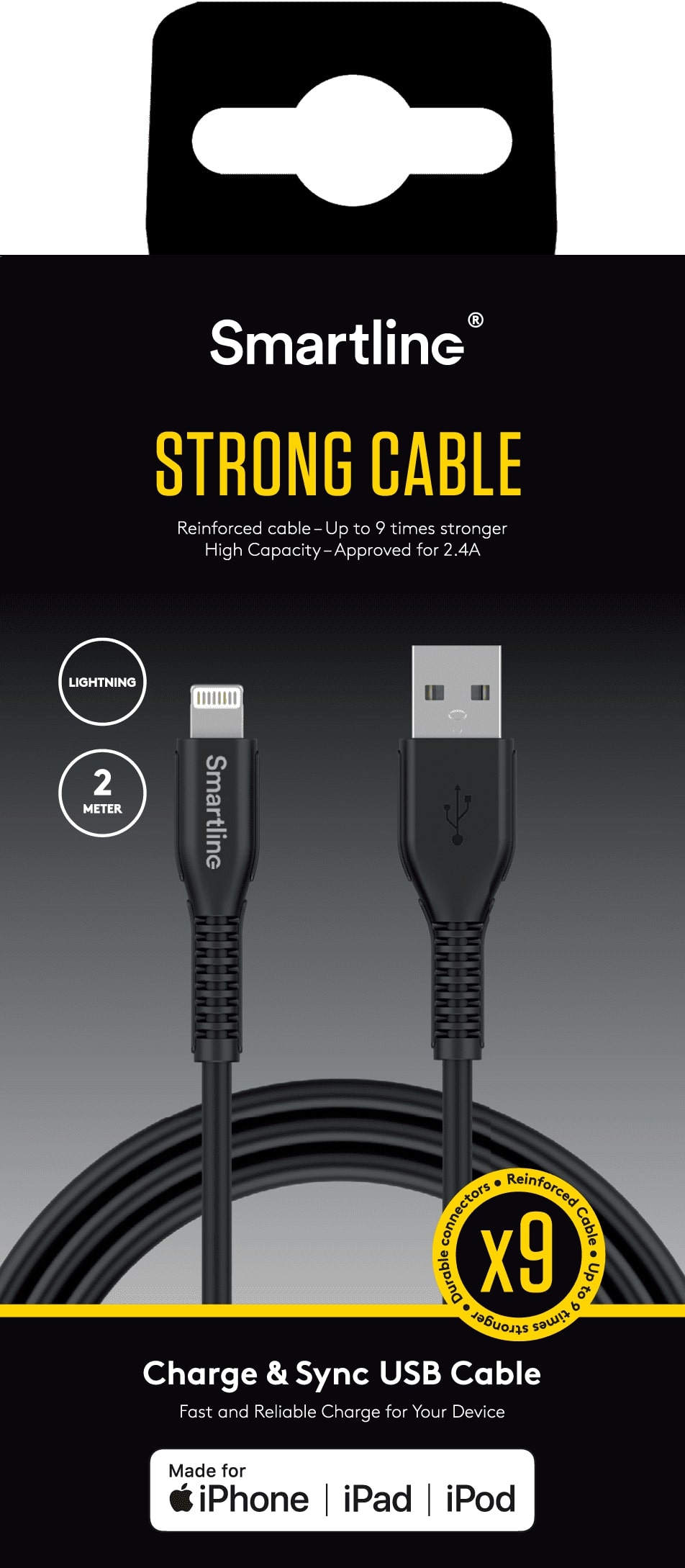 Smartline Smartline 2m Lightning MFi Förstärkt Laddningskabel Svart