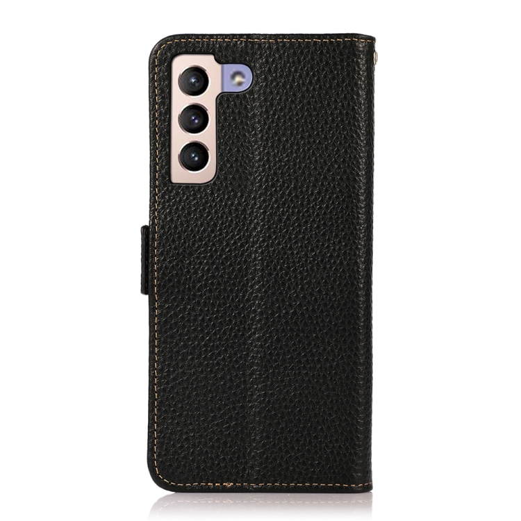 KHAZNEH KHAZNEH Samsung Galaxy S22 Fodral RFID Litchi Äkta Läder Svart