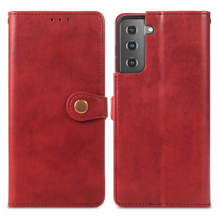  Samsung Galaxy S22 Fodral Solid Läder Magnetisk Mässing Röd