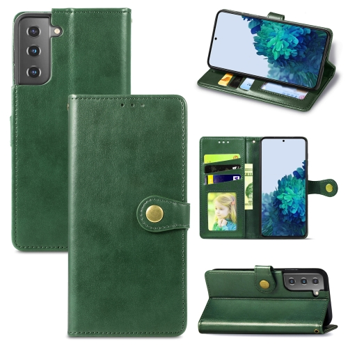  Samsung Galaxy S22 Fodral Solid Läder Magnetisk Mässing Grön