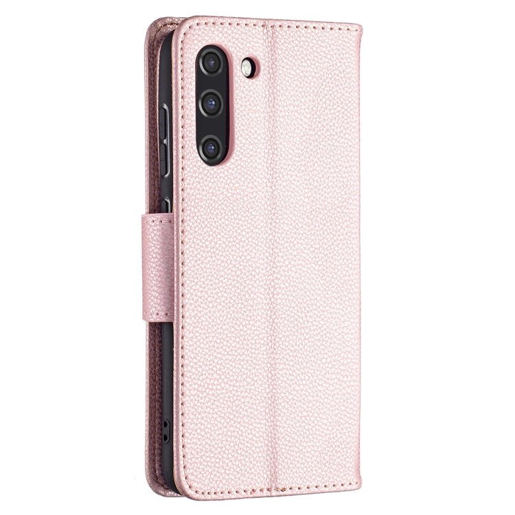  Samsung Galaxy S21 FE Fodral Litchi Textur Roséguld