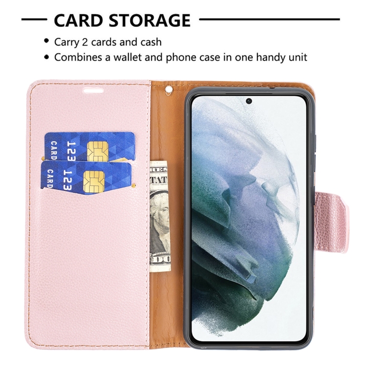  Samsung Galaxy S21 FE Fodral Litchi Textur Roséguld