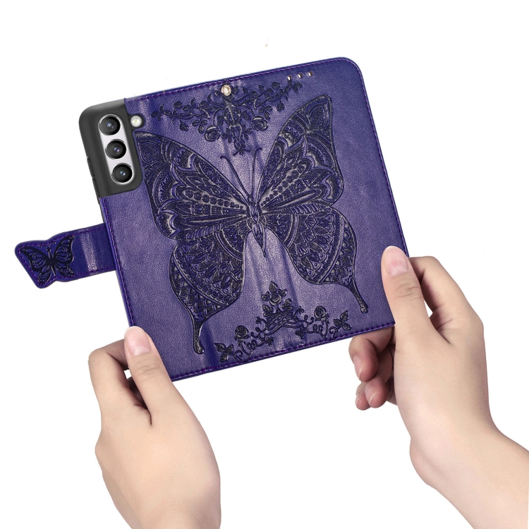  Samsung Galaxy S21 FE Fodral Big Butterfly Läder Lila