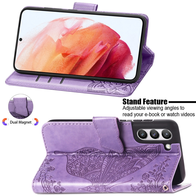  Samsung Galaxy S21 FE Fodral Big Butterfly Läder Lila