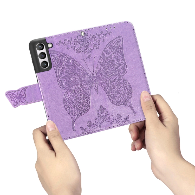  Samsung Galaxy S21 FE Fodral Big Butterfly Läder Lila