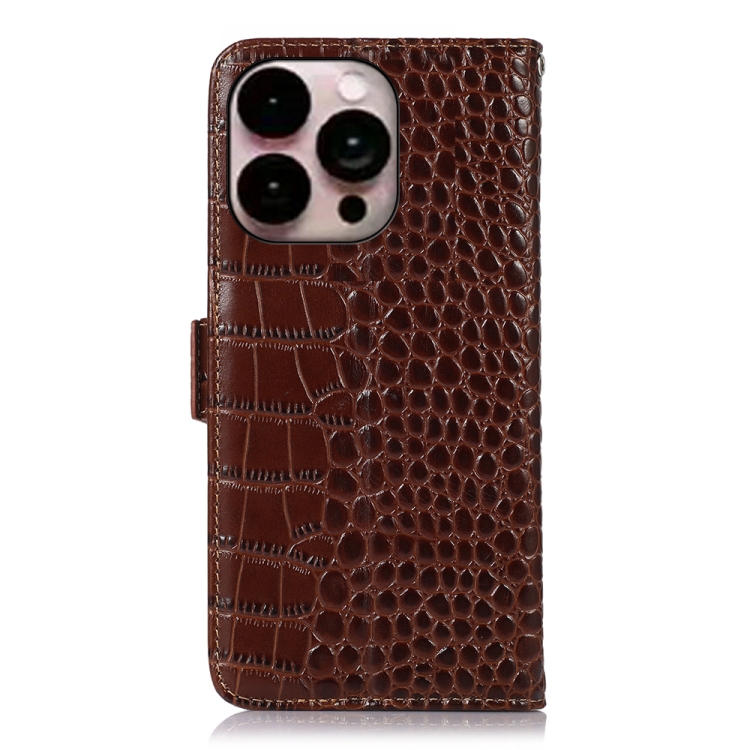  iPhone 14 Pro Max Fodral Äkta Läder Krokodil Textur Brun