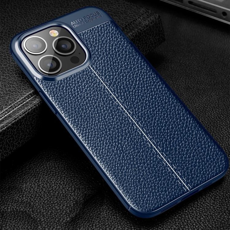  iPhone 14 Pro Max Skal Litchi Textur Blå