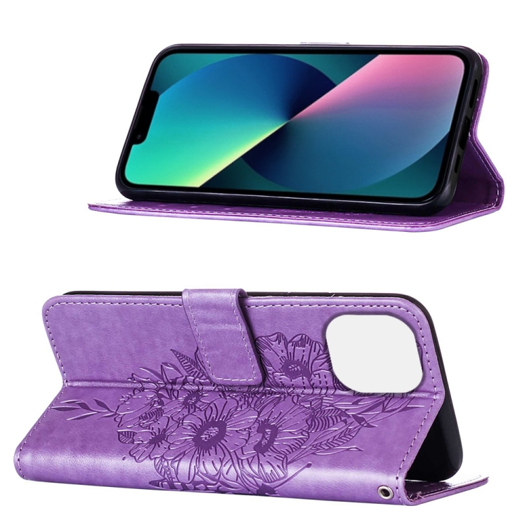  iPhone 14 Fodral Tryckt Fjäril Ljus Lila