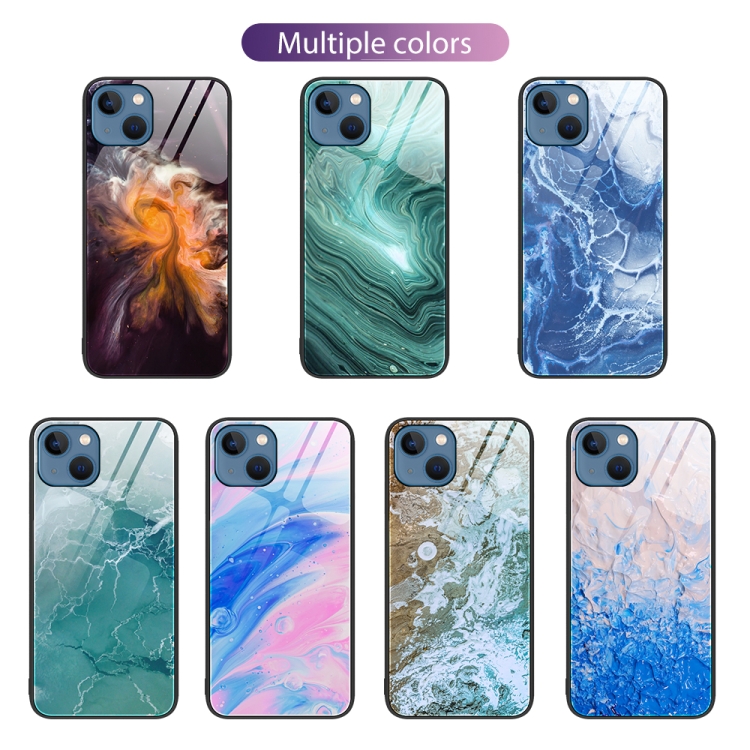  iPhone 14 Skal Marmor Härdat Glas Blått Hav
