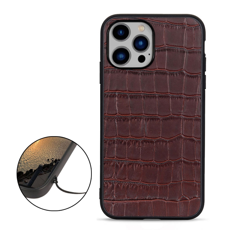  iPhone 14 Plus Skal Äkta Läder Krokodil Textur Brun