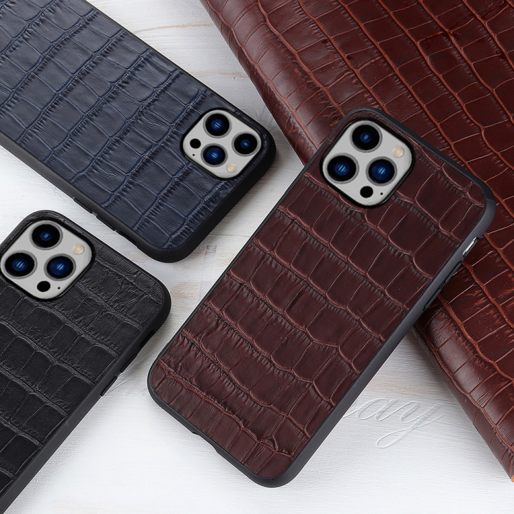  iPhone 14 Plus Skal Äkta Läder Krokodil Textur Brun