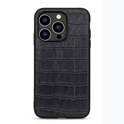  iPhone 14 Pro Skal Äkta Läder Krokodil Textur Svart