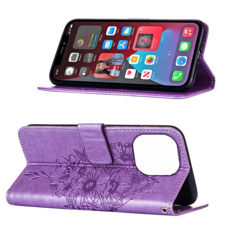  iPhone 14 Pro Fodral Med Tryckt Fjäril Lila
