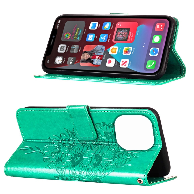  iPhone 14 Pro Fodral Med Tryckt Fjäril Grön