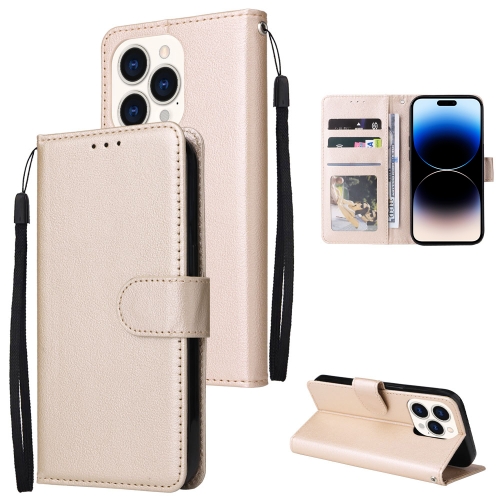  iPhone 14 Pro Fodral Läder Med Snodd Guld