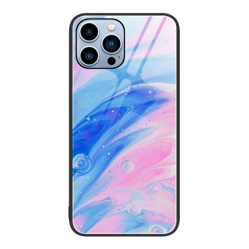  iPhone 14 Pro Skal Marmor Härdat Glas Blå/Rosa