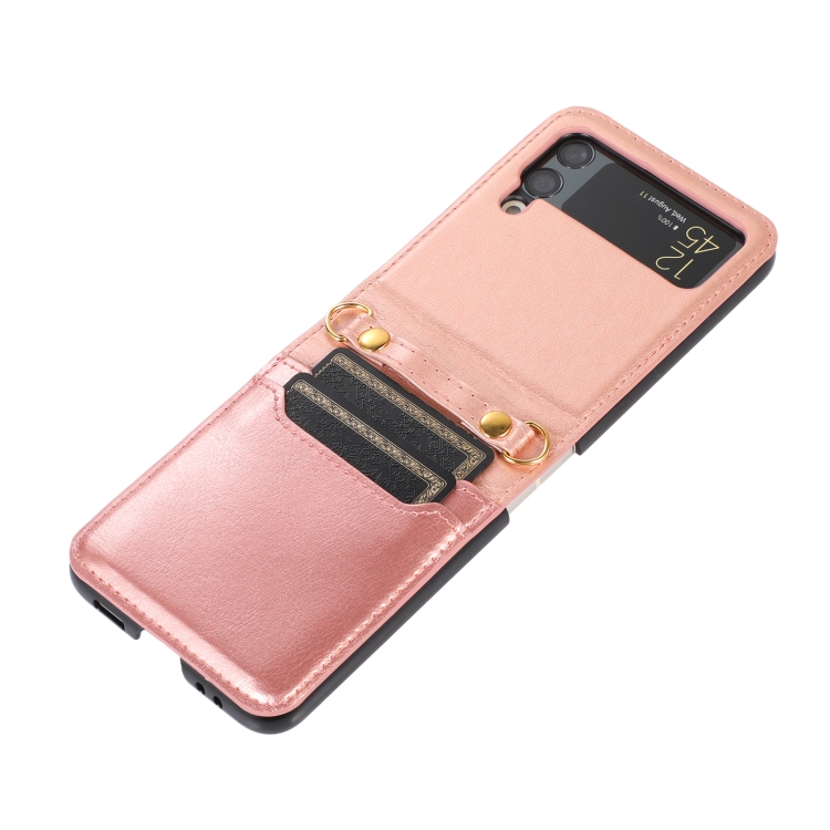  Galaxy Z Flip 3 Skal Solid Läder 2 Kortfack Roséguld