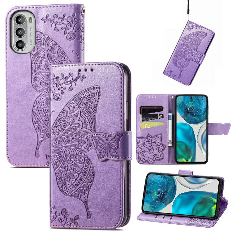  Motorola Moto G52/G82 Fodral Fjäril Tryck Ljus Lila