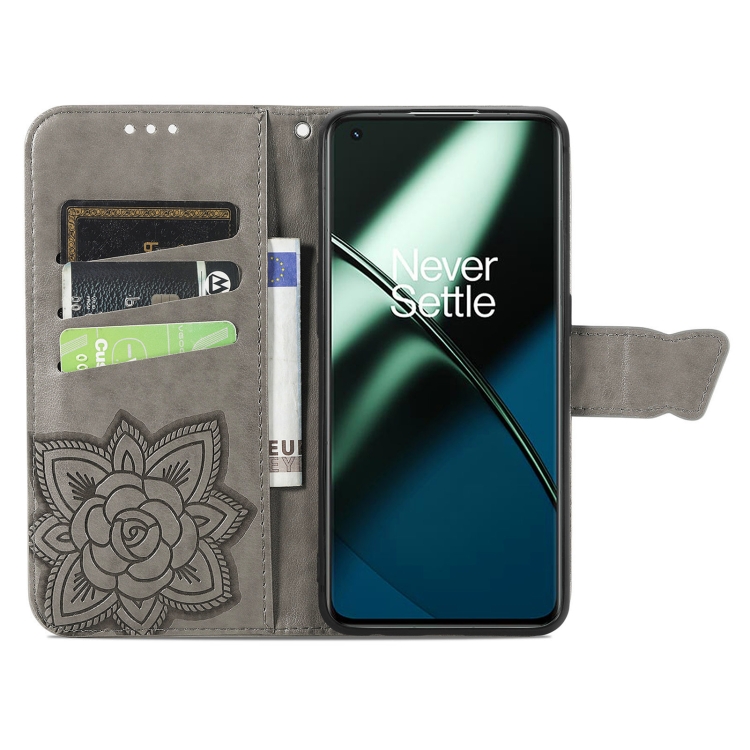  OnePlus 11 5G Fodral Butterfly Läder Grå