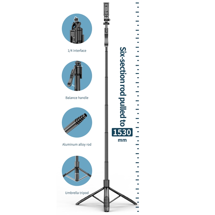  Selfie Stick Tripod 153 cm Bluetooth Svart