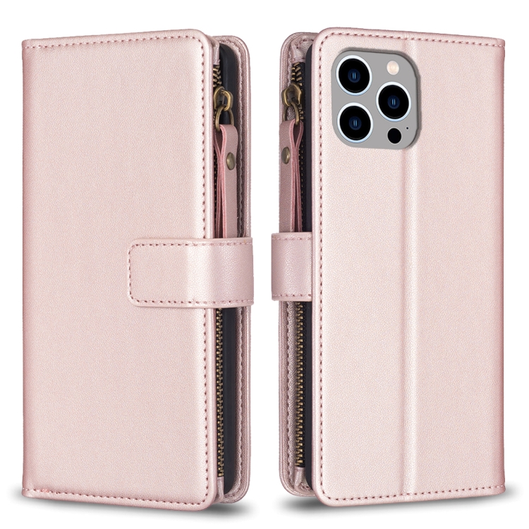  iPhone 15 Pro Max 9-Kort Multifunktionellt Läder Fodral Roséguld