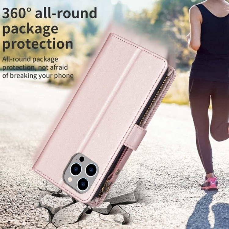  iPhone 15 Pro Max 9-Kort Multifunktionellt Läder Fodral Roséguld
