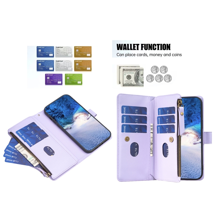  iPhone 15 Pro Max 9-Kort Multifunktionellt Läder Fodral Lila