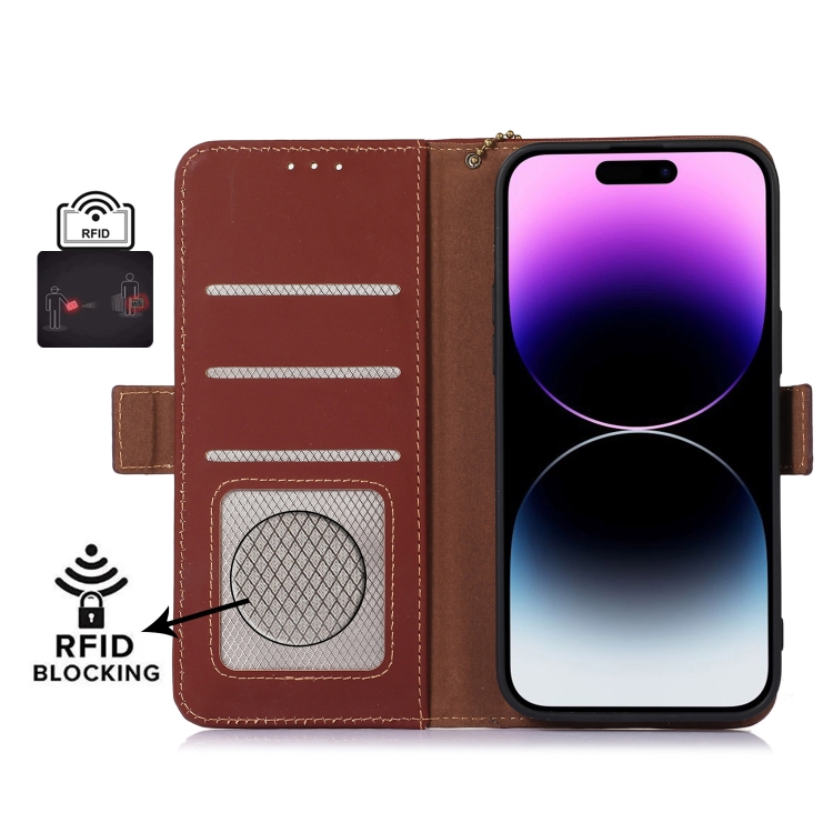  iPhone 15 Pro Max Fodral RFID Äkta Läder Brun