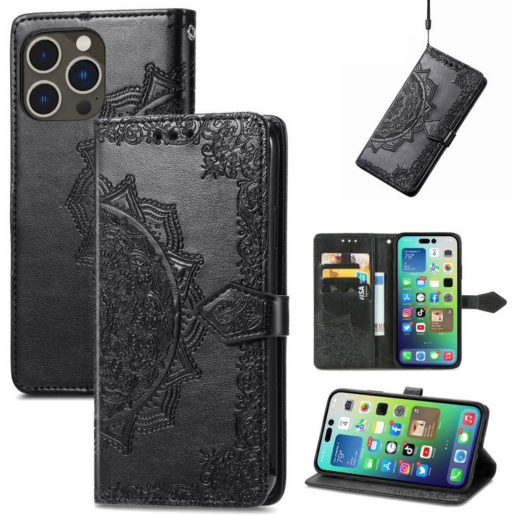  iPhone 15 Pro Max Fodral Mandala Läder Svart