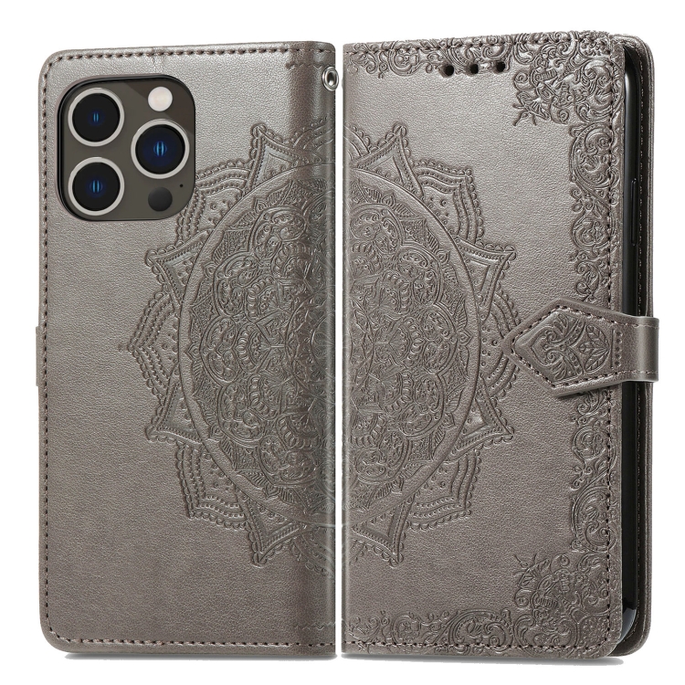 iPhone 15 Pro Max Fodral Mandala Läder Grå