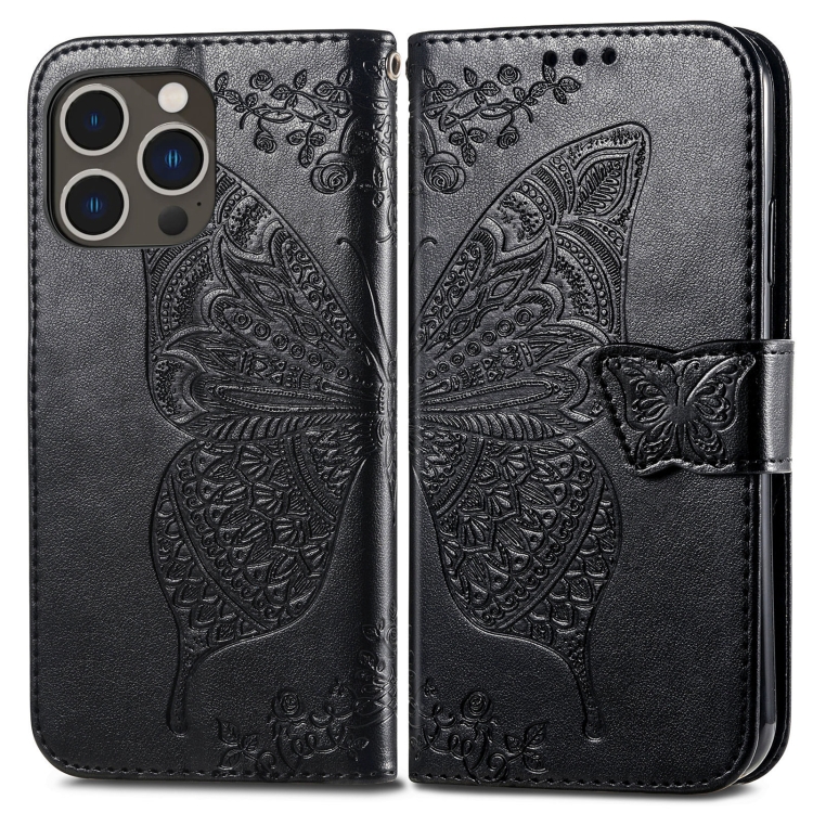  iPhone 15 Pro Max Fodral Läder Fjäril Tryck Svart