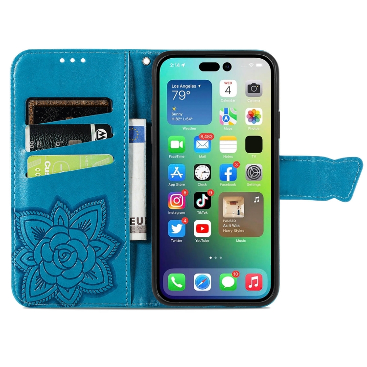  iPhone 15 Pro Max Fodral Läder Fjäril Tryck Blå
