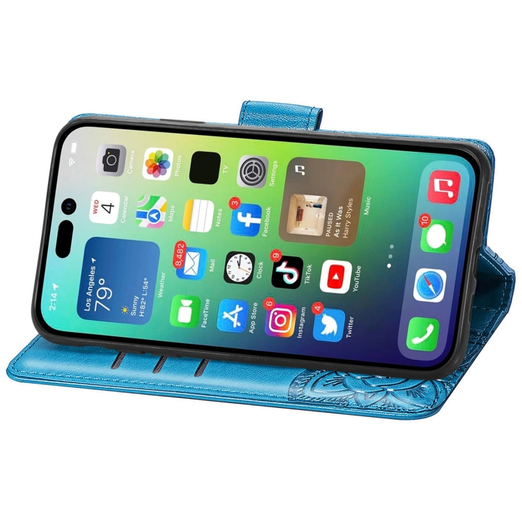 iPhone 15 Pro Max Fodral Läder Fjäril Tryck Blå