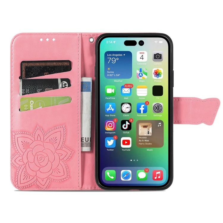  iPhone 15 Pro Max Fodral Läder Fjäril Tryck Rosa