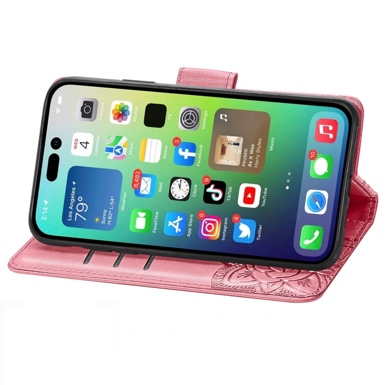  iPhone 15 Pro Max Fodral Läder Fjäril Tryck Rosa