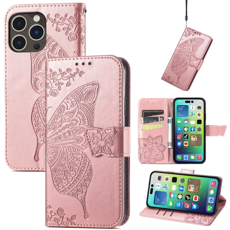  iPhone 15 Pro Max Fodral Läder Fjäril Tryck Roséguld